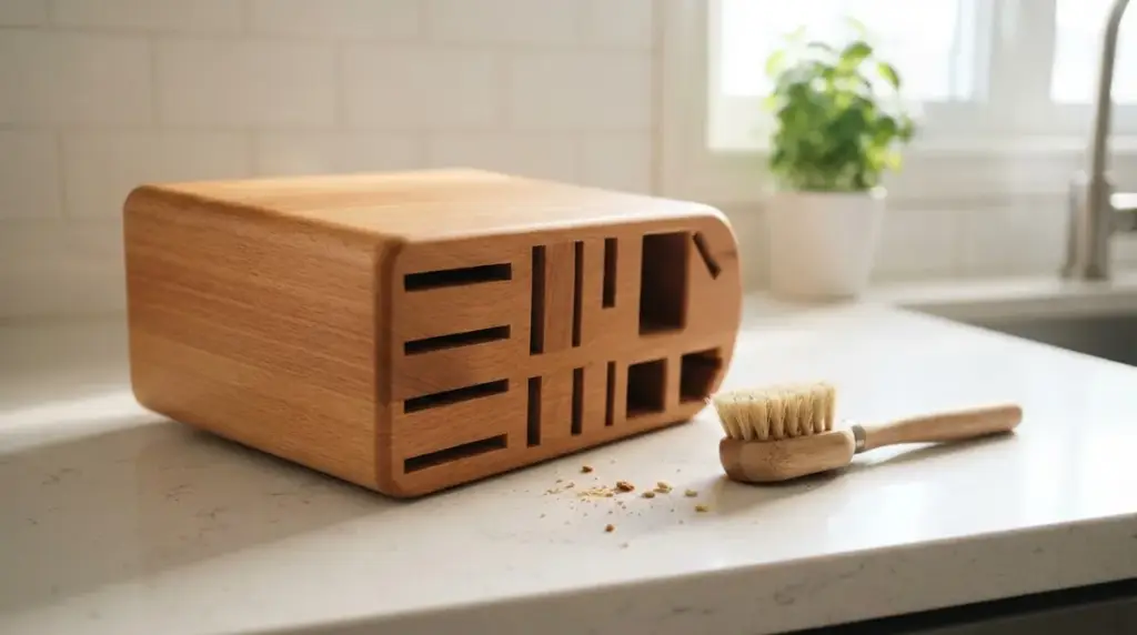An empty wooden knife block on its side with the slots visible and a brush