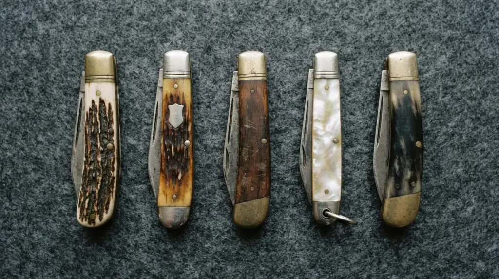 Five closed pocket knives on grey felt showing different handle materials