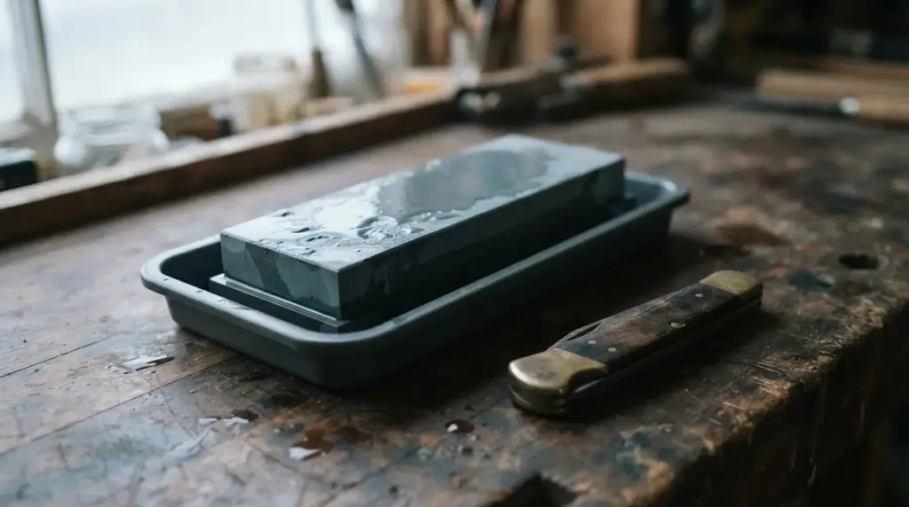 A wet sharpening stone beside a closed vintage folding knife left untouched