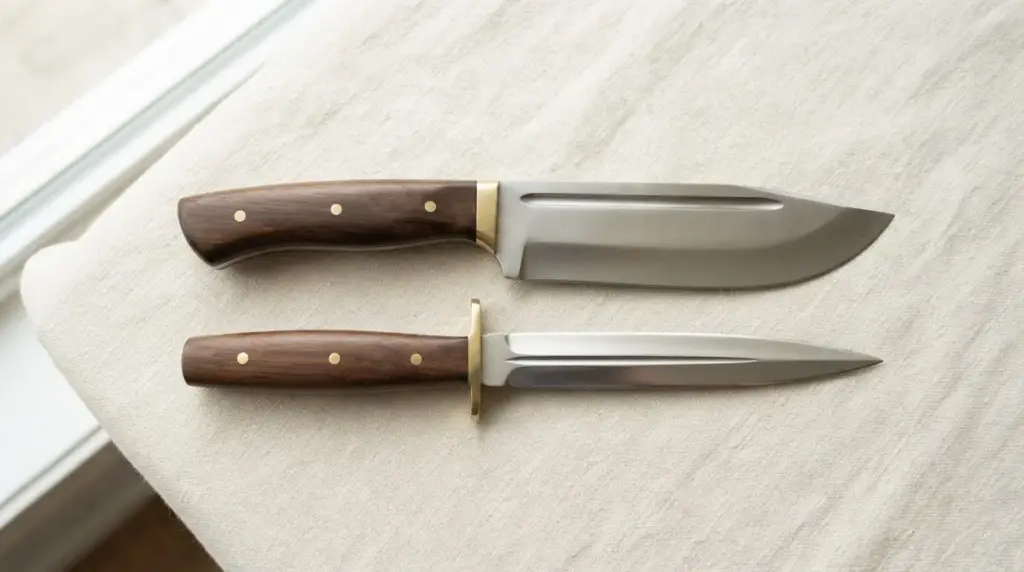 A wide bellied skinning knife lying beside a narrow double edged dagger on linen
