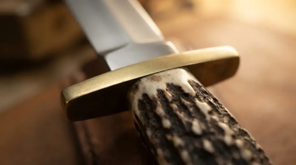 Close view of a brass crossguard meeting a stag handle on a hunting dagger
