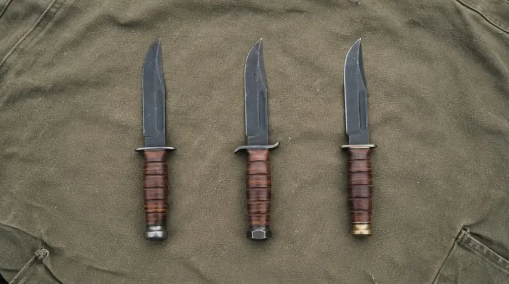 Three near identical leather handled fighting knives in a row on olive canvas