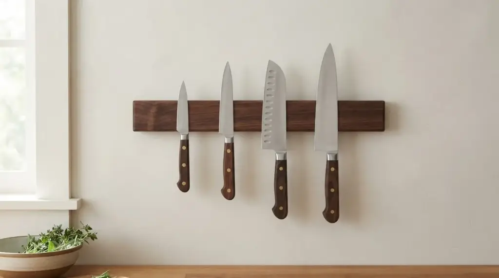 Four kitchen knives hanging by their spines from a wooden magnetic strip on a pale wall