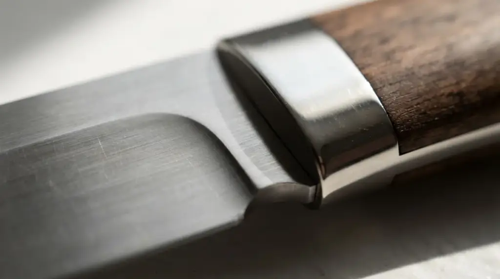 Macro of a blade meeting its handle showing the ricasso, plunge line and choil