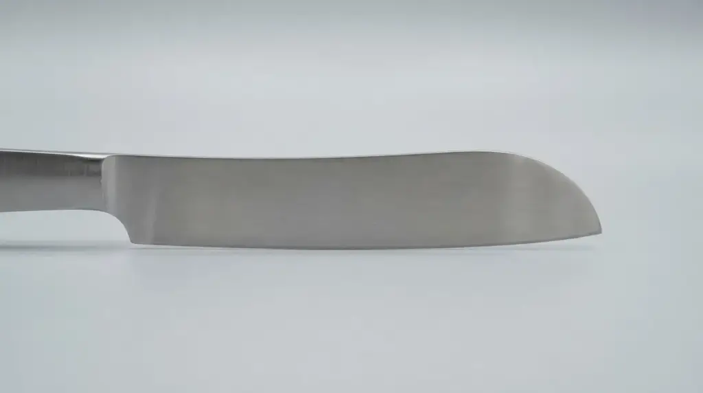 A sheepsfoot blade side on, straight edge with the spine curving to a blunt nose