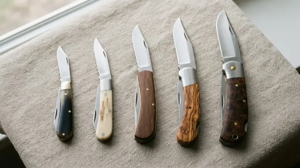 Five folding knives of increasing size and handle quality arranged in a row on linen