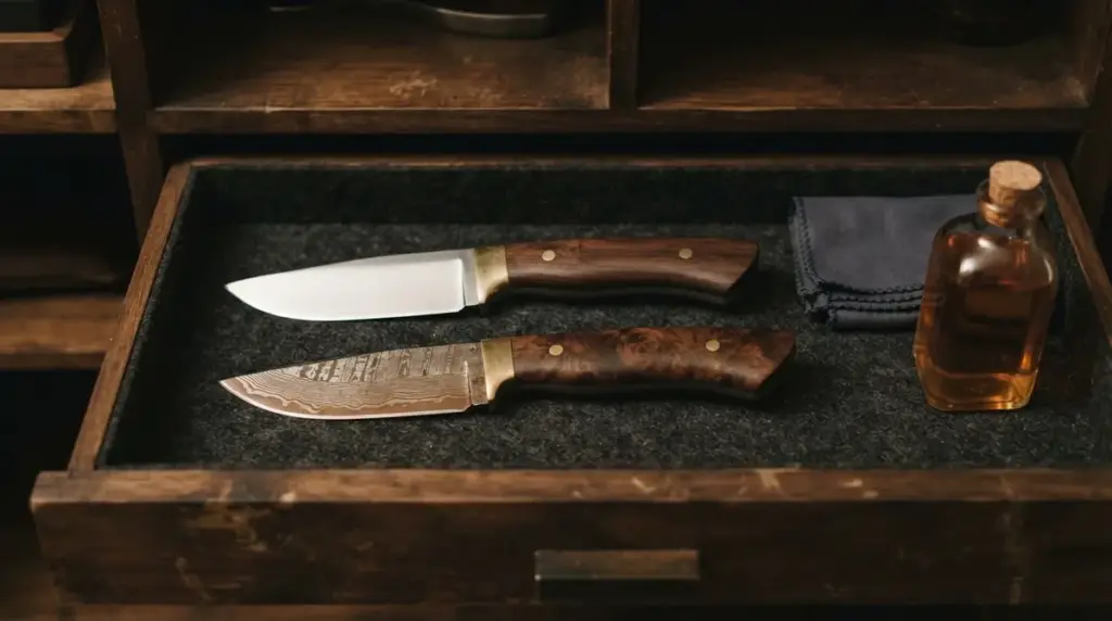Two fixed blade knives on dark felt beside a cloth and a small bottle of oil