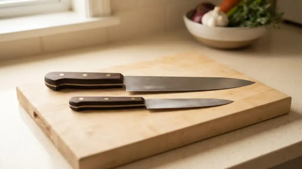 A chef knife with a thick tall handle beside one with a slimmer short handle