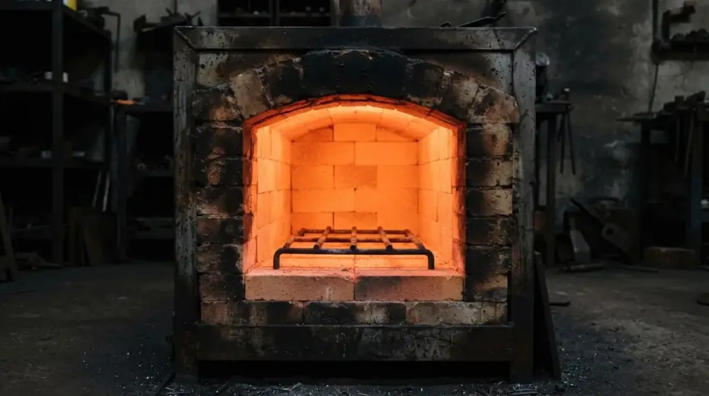 The glowing brick lined chamber of a heat treatment furnace