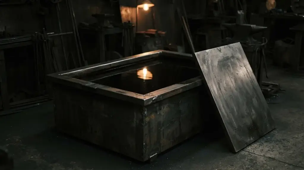 A quench tank of dark oil with a still surface