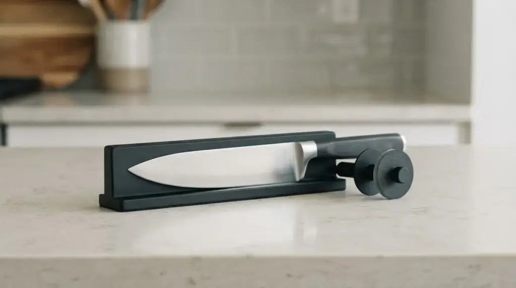 A rolling sharpener base holding a chef knife flat with the abrasive disc resting beside it