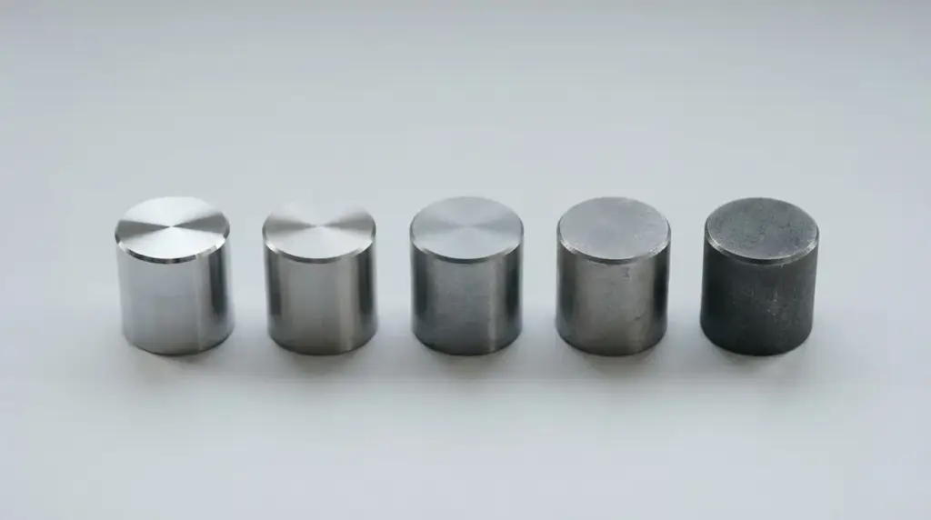 Five short steel bar offcuts stood on end in a row on pale grey seamless