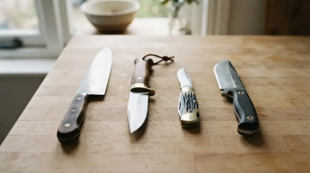 Four knives in a row on a beech worktop, kitchen, hunting, pocket and camp