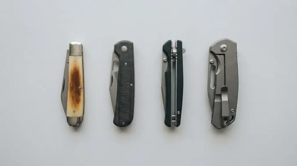 Four closed folders in a row, a slipjoint, a lockback, a liner lock and a framelock