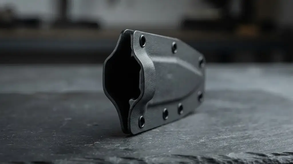 An empty black polymer sheath standing open showing the moulded blade impression
