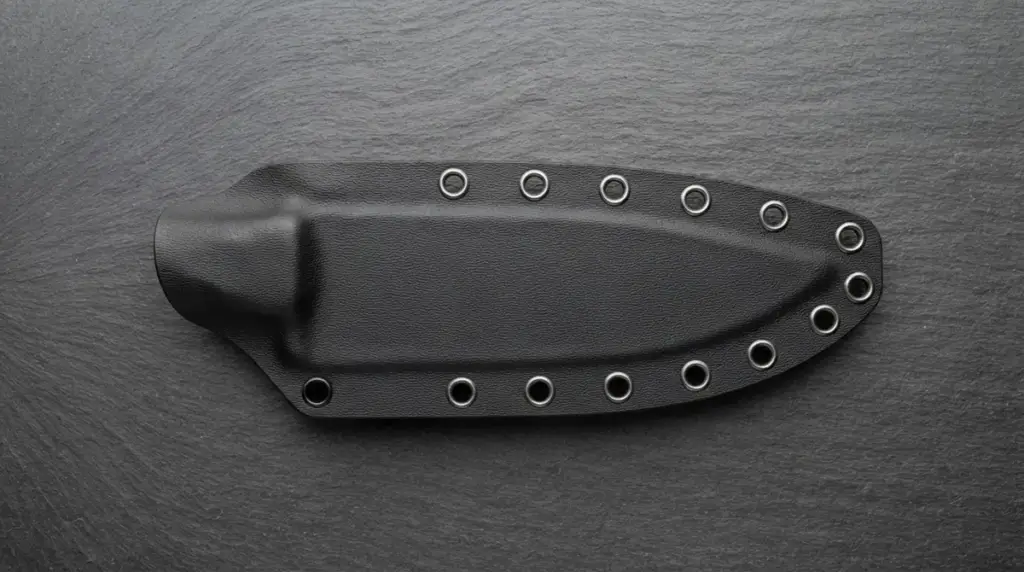 A black polymer sheath flat on slate showing its eyelets and drainage hole