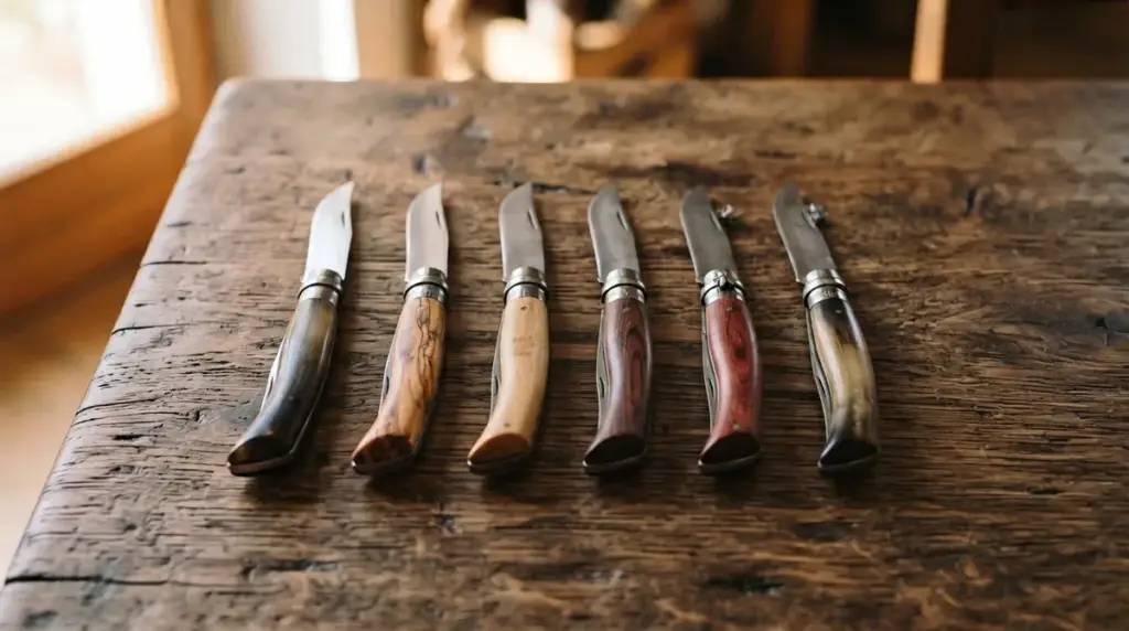 Six slim traditional folding knives laid closed in a row on a dark oak table