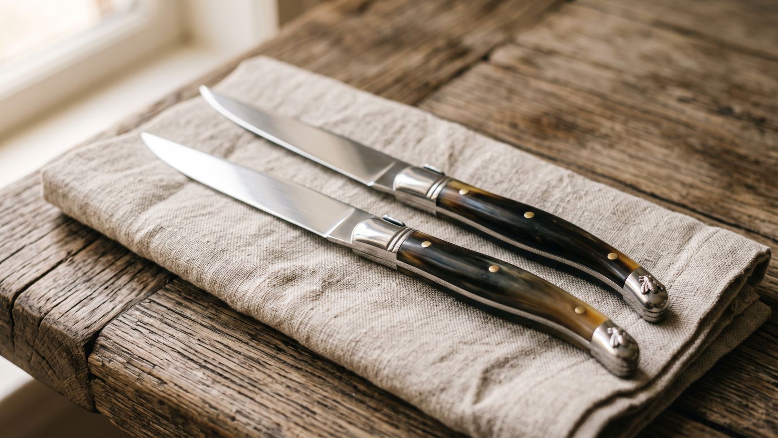 Two Laguiole pattern steak knives with horn handles and a bee on the spring, on linen