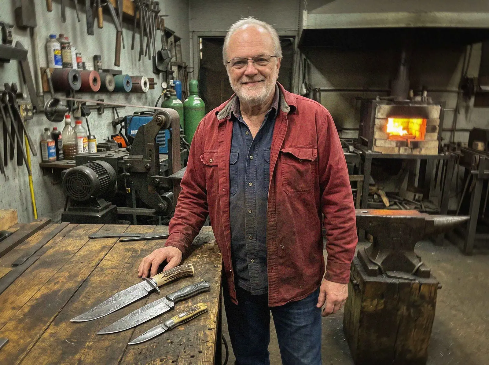 Mark Kovalsky, founder and bladesmith of Black Mamba Knives, at the bench in the Memphis workshop