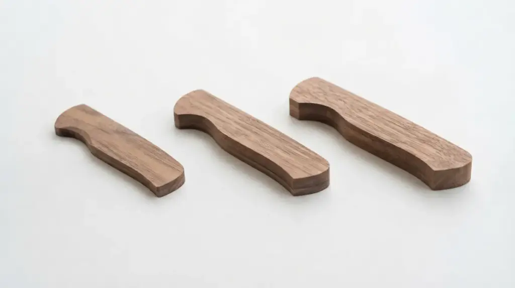 Three knife handles of increasing length lined up on a white surface