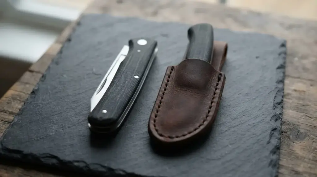 A closed folding knife and a sheathed fixed blade with matching black handles