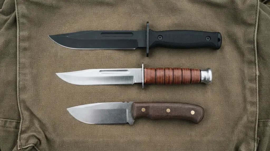 Three fixed blades on olive canvas, a coated combat knife, a leather handled fighter and a utility blade