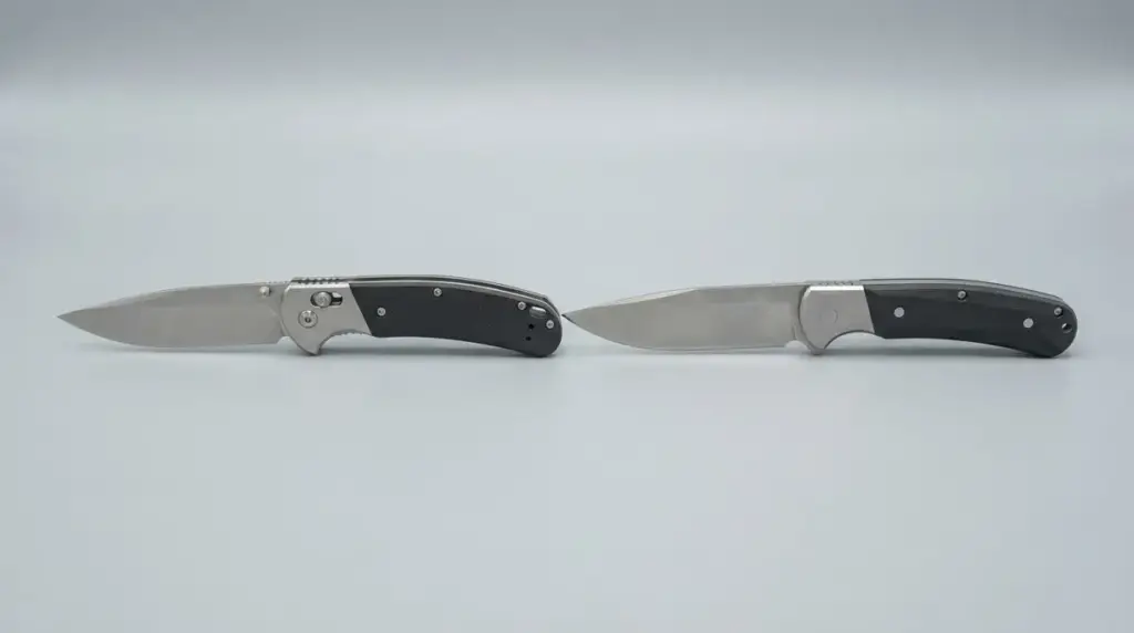 An open folder beside a fixed blade of exactly the same blade length