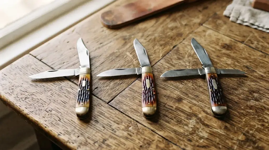 Three traditional folders lying open with two blades swung to opposite ends