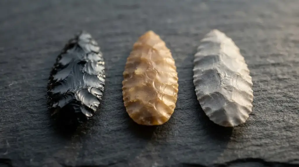 Three knapped stone blades in obsidian, chert and flint on dark slate