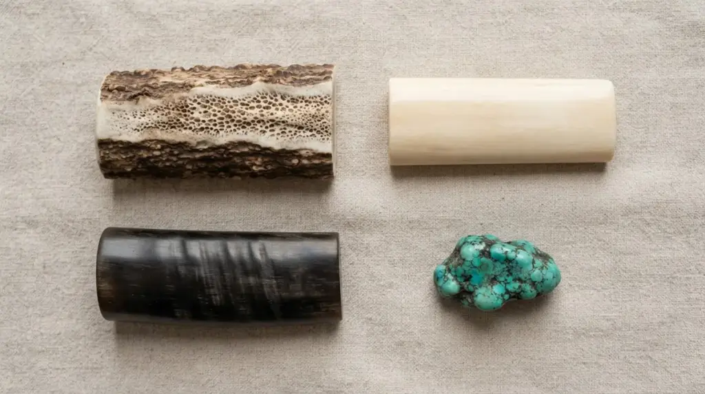 Stag antler, bone, buffalo horn and turquoise handle blanks laid out on linen