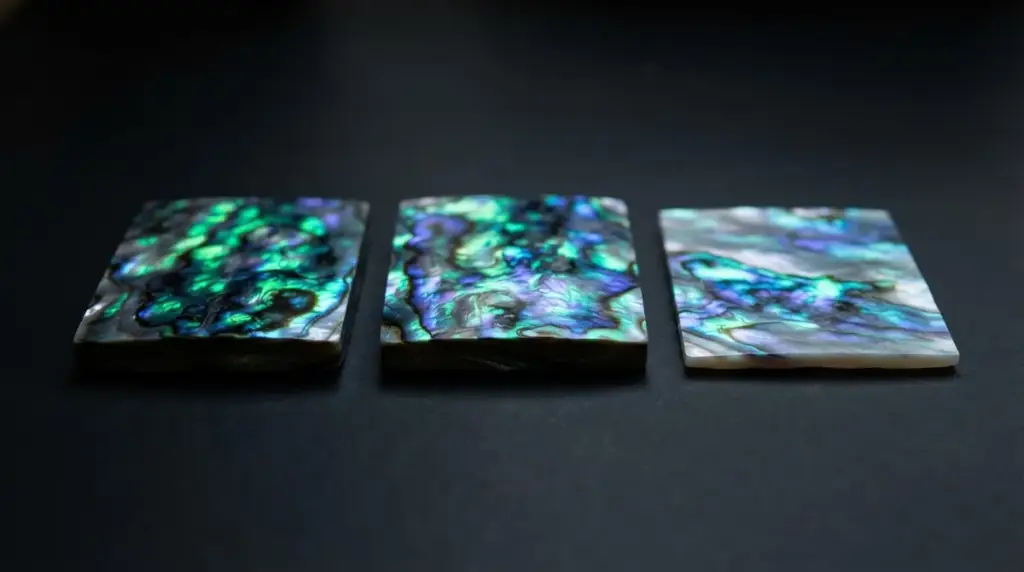 Three polished abalone and paua shell slabs showing green and blue colour on a black surface