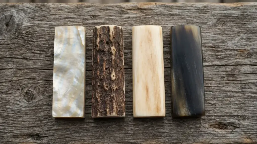 Four handle material blocks side by side: shell, antler, bone and dark horn