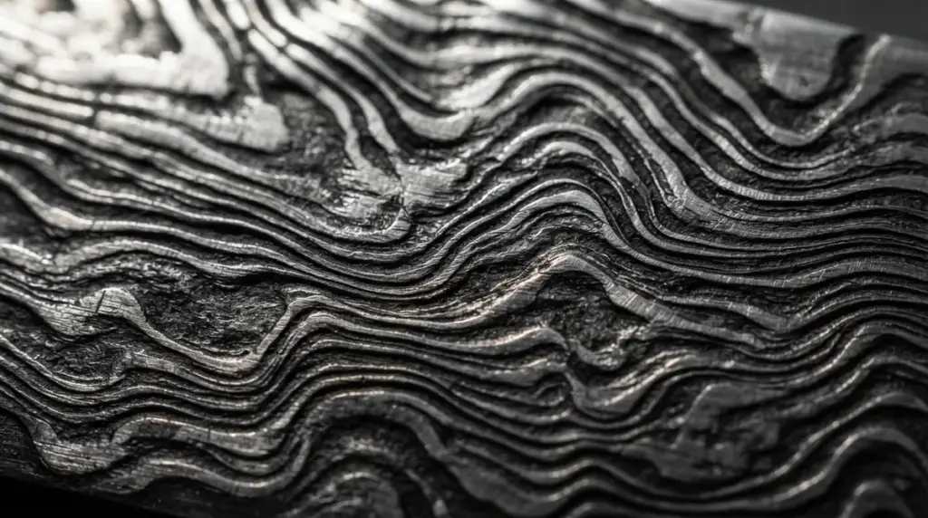 Macro of an etched patterned blade showing high contrast layers and surface relief