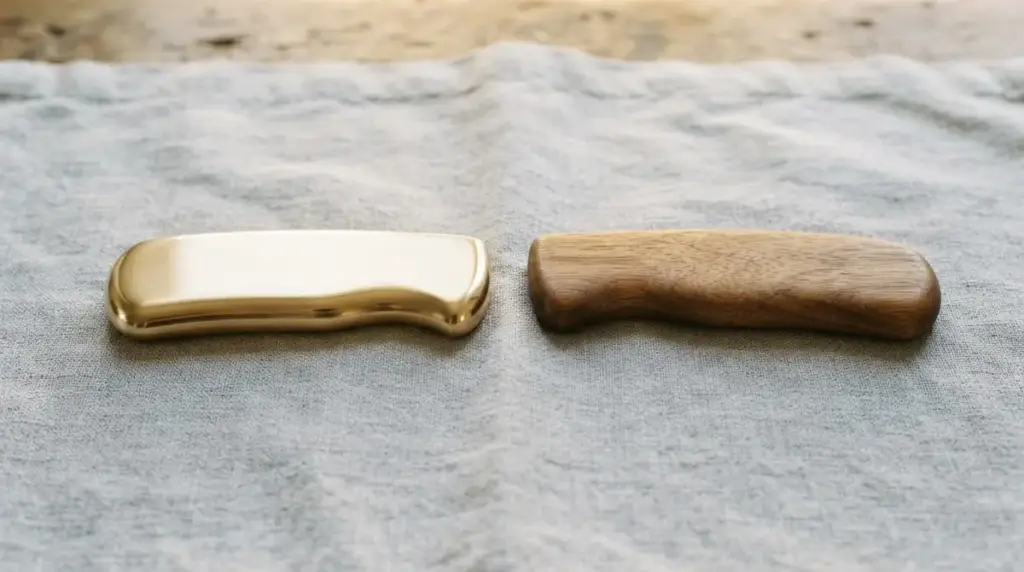 A plain brass bolster and a walnut handle scale on pale grey linen