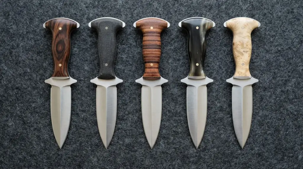 Five push daggers with different handle materials laid in a row on grey felt
