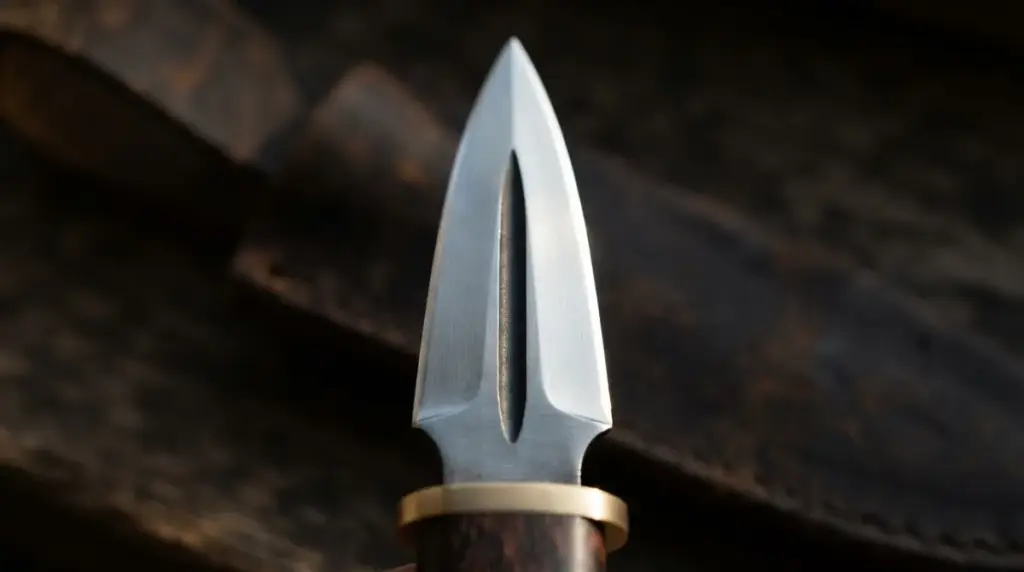 Macro of a double edged spear point blade with a fuller down the centre
