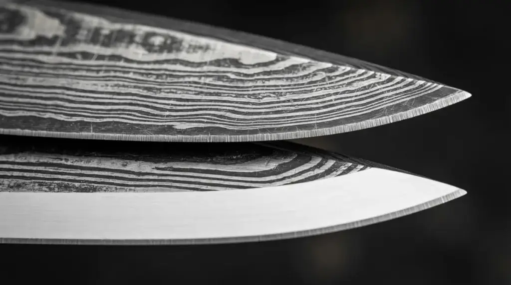 Macro of two blades, one with pattern running onto the bevel and one without