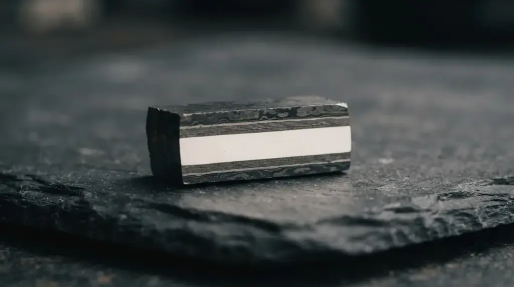 A polished cross section of laminated steel showing a thick centre band between two outer bands