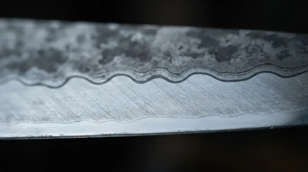 A macro of a lamination line where the jacket steel meets the core steel above the edge
