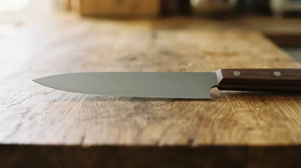A curved knife edge resting on a board with a visible gap at the heel