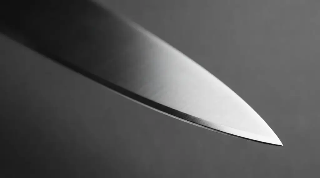 Macro of a kitchen knife bevel and the grind above it