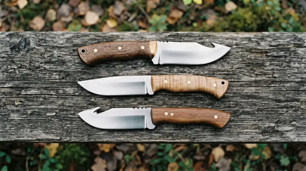 A wide bellied skinner, a drop point hunter and a gut hook blade on grey timber