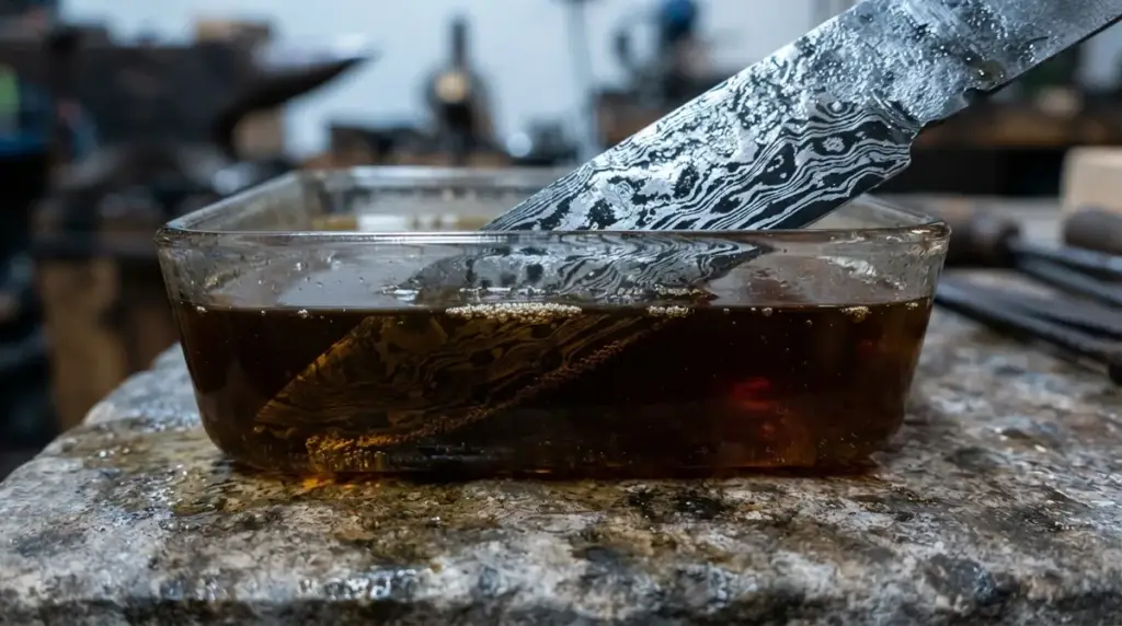 A layered blade half submerged in acid, showing how the etch reveals the pattern