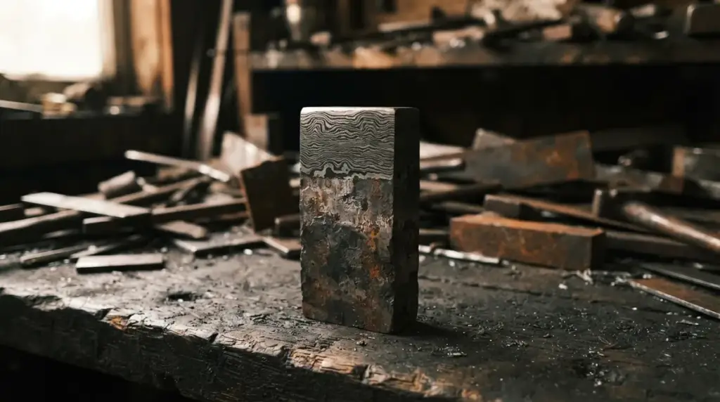 A forged billet standing on end with layered steel visible in the cut face
