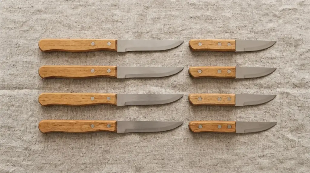 Six matching steak knives laid out in two rows on a linen cloth