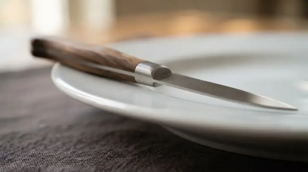 A steak knife edge resting against the glazed rim of a white ceramic plate
