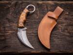 Sunfire Claw Handmade Damascus Karambit Knife with Stabilized Maple Burl Handle BMK-1189 with its leather sheath