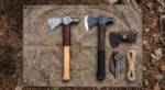 Twin Forge tomahawk pair - Damascus rose pattern mirror polished head on hickory haft and high carbon dark forge finish head on ash haft with leather head cover