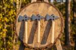 Triple Strike set of three handmade Damascus throwing tomahawks with skeletonised heads, spike polls and 14 inch oak handles in a log round target