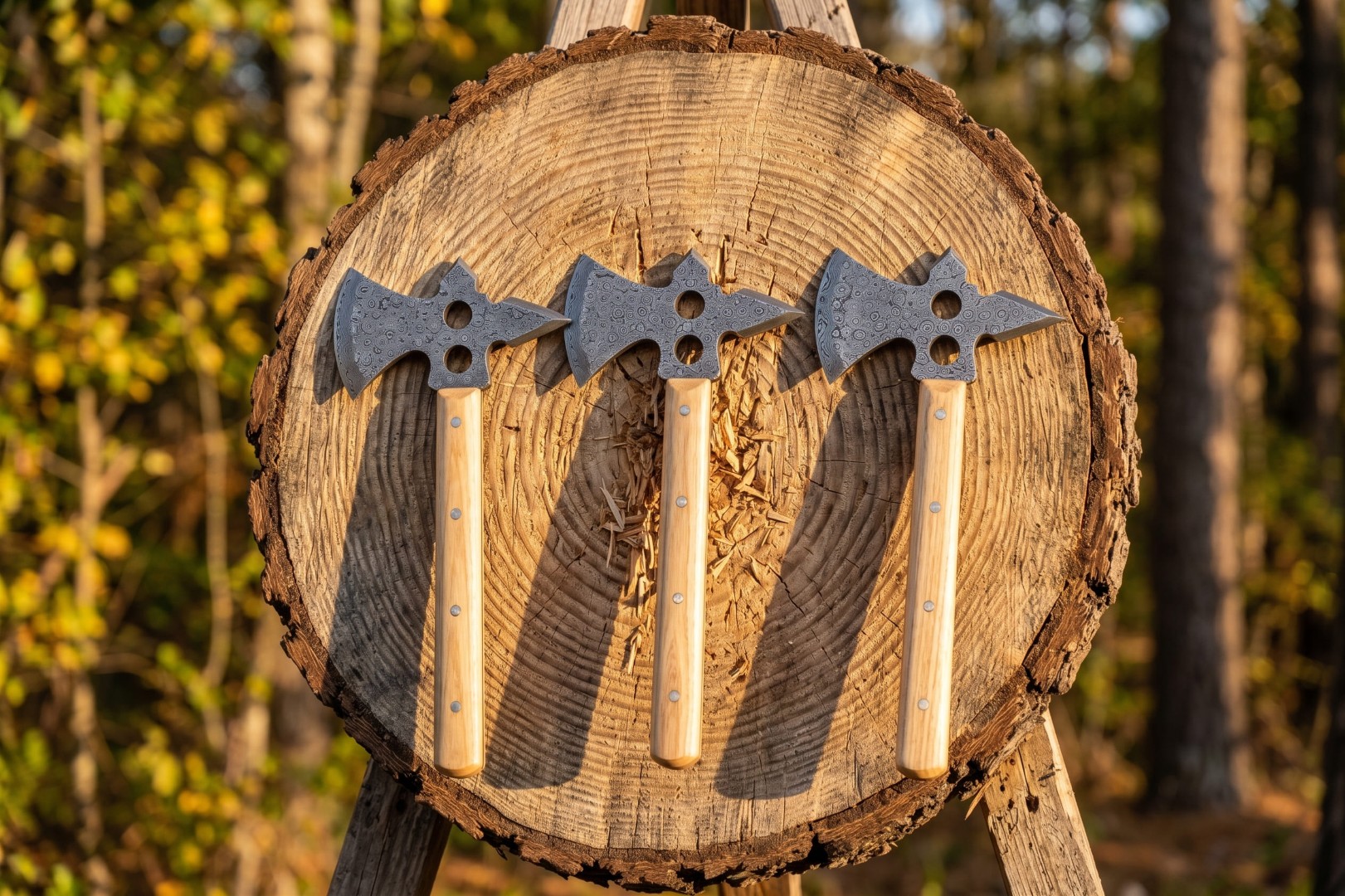 Triple Strike Handmade Damascus Throwing Tomahawk Set of 3 | Skeletonised Damascus Heads with Spike Poll | 14 Inch Oak Handles | Leather Sheaths | Axe Throwing Target Practice & Collector Gift for Him | BMK-1127